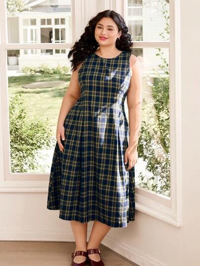 Solflare Plus Size Women's Casual Plaid Round Neck Sleeveless Dress, Spring/Summer,Carnival Women Look 2026,Going Out Outfits, Holiday Outfits,Vintage Sleeveless Waist Gathered A-Line Plaid Dress,Frenchy Women Dresses Elenzga Women Dress