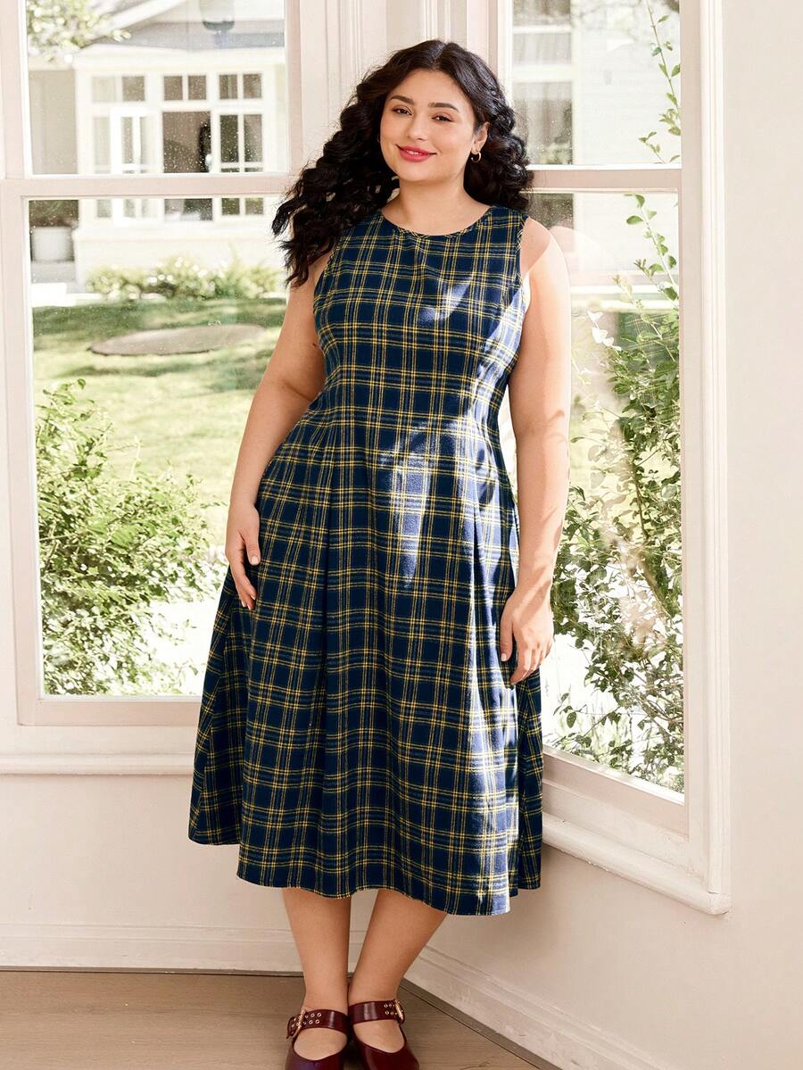 Solflare Plus Size Women's Casual Plaid Round Neck Sleeveless Dress, Spring/Summer,Carnival Women Look 2026,Going Out Outfits, Holiday Outfits,Vintage Sleeveless Waist Gathered A-Line Plaid Dress,Frenchy Women Dresses Elenzga Women Dress - Multicolor - View 1