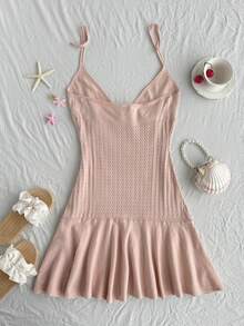 Elamini Women's Casual Cute Beach Vacation Halter Ribbed Twist Patchwork A-Line Mini Knit Dress, Spring/Summer - Baby Pink - View 2