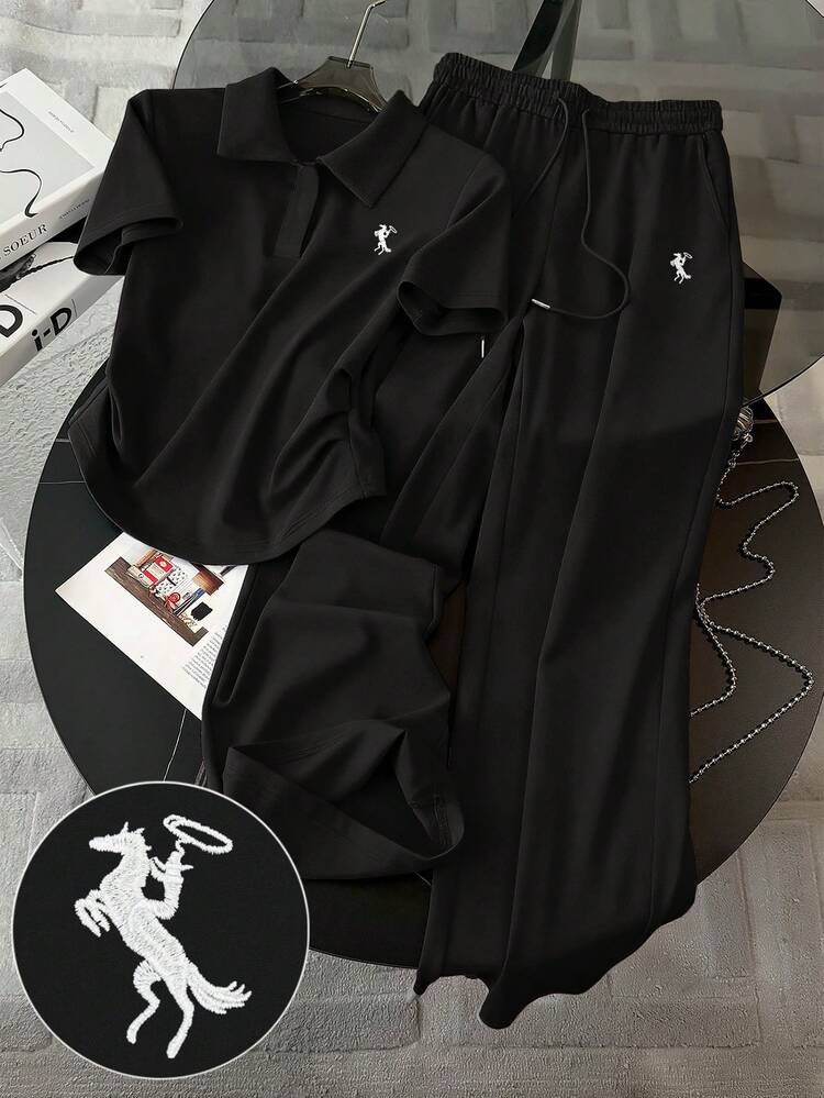 Resyla Embroidered Minimalist Women's Polo Collar T-Shirt + Pants 2-Piece Set, Gift For Friends - Black - View 1