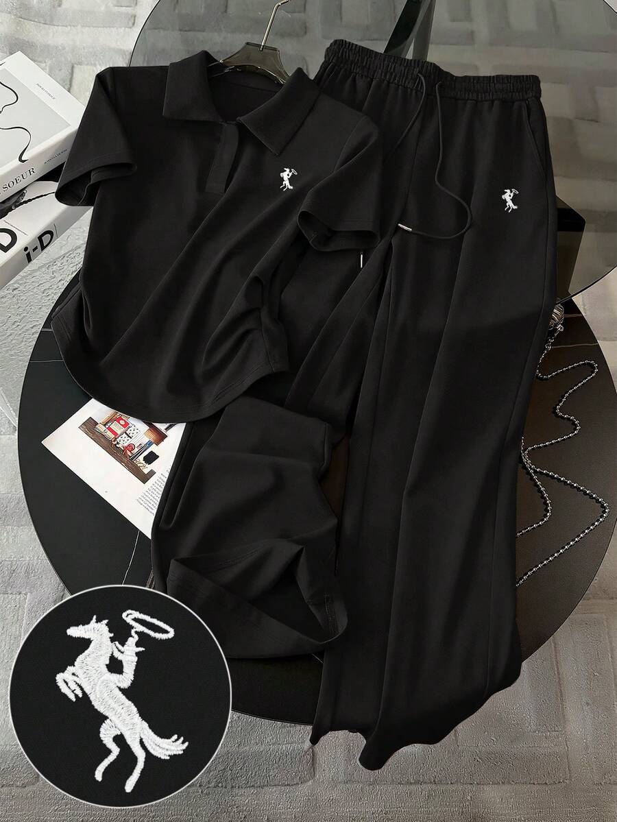 Resyla Embroidered Minimalist Women's Polo Collar T-Shirt + Pants 2-Piece Set, Gift For Friends - Black - View 1