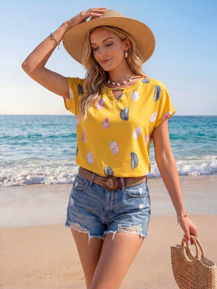 Feather Print Keyhole Neckline Batwing Sleeve Blouse