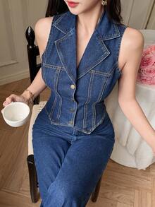 DAZY Women's Casual Washed Denim Suit, Vest With Fake Pockets And Wide Leg Pants, Summer - Medium Wash - View 5