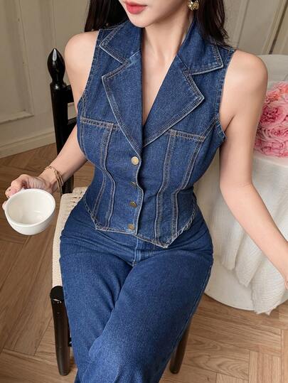 DAZY Women's Casual Washed Denim Suit, Vest With Fake Pockets And Wide Leg Pants, Summer