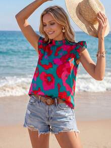 Sylviya Women Casual Random Printed Flounce Sleeve Blouse Summer - Multicolor - View 5
