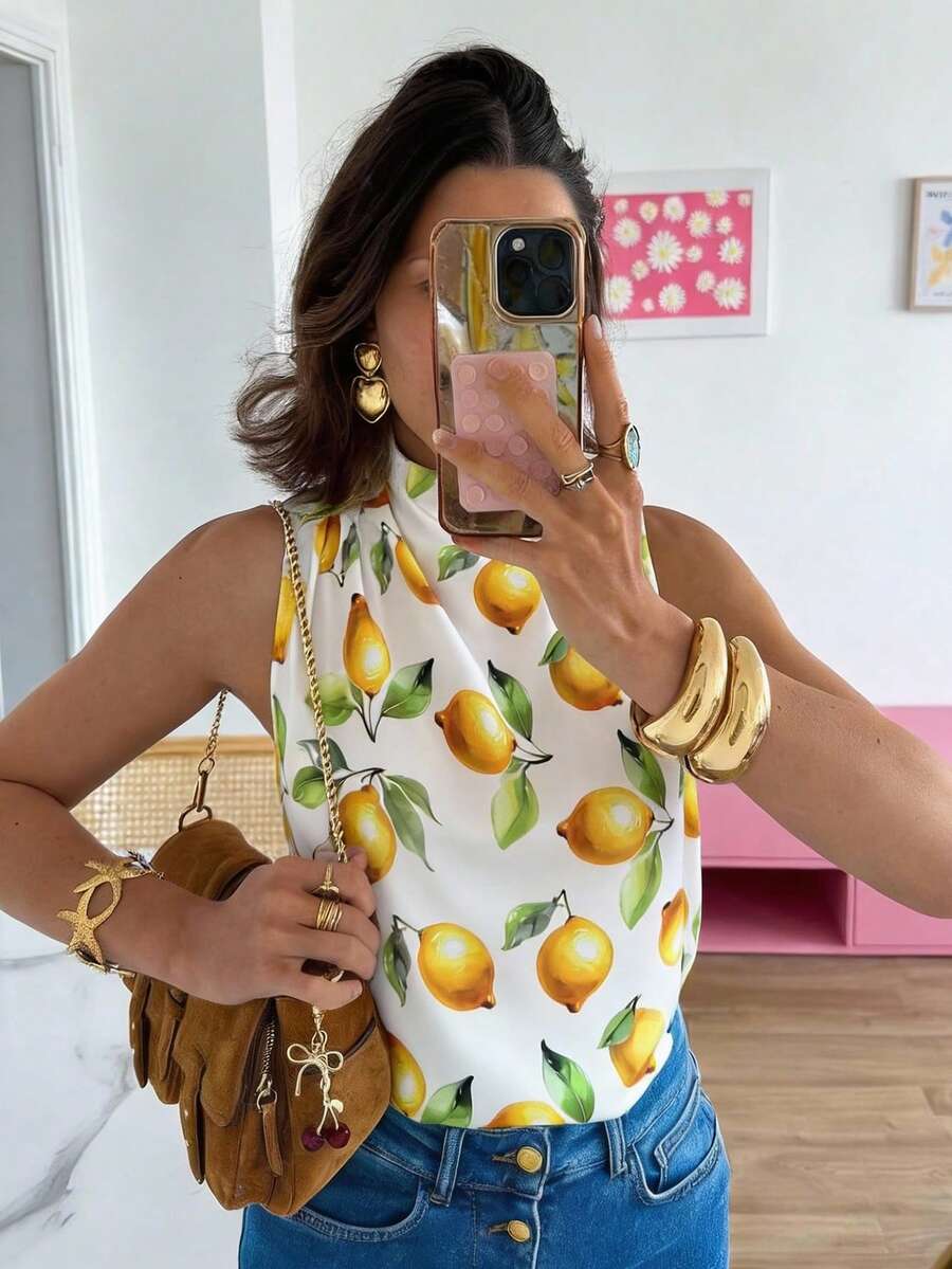 Selianne Yellow Lemon Print Sleeveless Casual Tank Top, Spring/Summer - Multicolor - View 1