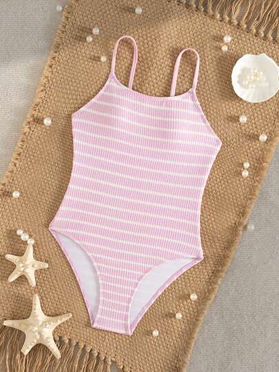 SHEIN Tween Girls Casual Pink & White Striped Wavy Knit Fabric Spaghetti Strap One-Piece Swimsuit, Fashionable & Comfortable For Swimming, Suitable For Summer Vacation, Beach, Pool, Holiday Party One Piece Bathing Suit Pink Girls One Piece Bathing Suit Pink One Piece Swimsuit Tween Pink Swimsuit Girls One Piece Summer Outfit