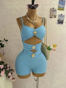 Soleia Vacation Outfits For Women Beach Outfits For Women Blue Women's Vacation White Knit Textured Metal Decor Fitted Jumpsuit, Suitable For Party, Date, Afternoon Tea, Music Festival, Beach Cruise, Summer Outfit - Green - View 5