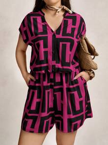 Zelara Women's Plus-Size Summer Black Asymmetrical Geometric Print Two Piece Set,Smart Casual Vacation Lounge Outfits,Nautical Navycore Jumpsuit Coord Set - Hot Pink - View 6