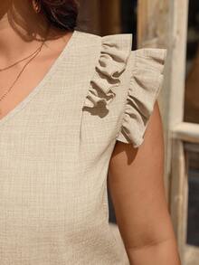 SHEIN LUNE 大码纯色V领短袖荷叶边下摆宽松夏季优雅两件套女装休闲度假套装女士夏季服装女士夏季套装 - 杏色 - 查看 4