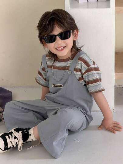 DAZY Young Boys' Solid Color Sleeveless Casual Loose Summer Versatile T-Shirt Set