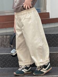DAZY 男童休闲时尚街头日常通勤简约百搭纯色弹力腰斜插口袋宽松阔腿裤 夏季 - 卡其色 - 查看 5