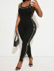 SHEIN SXY 大码方领无袖修身亮面连体裤 - 黑色 - 查看 4