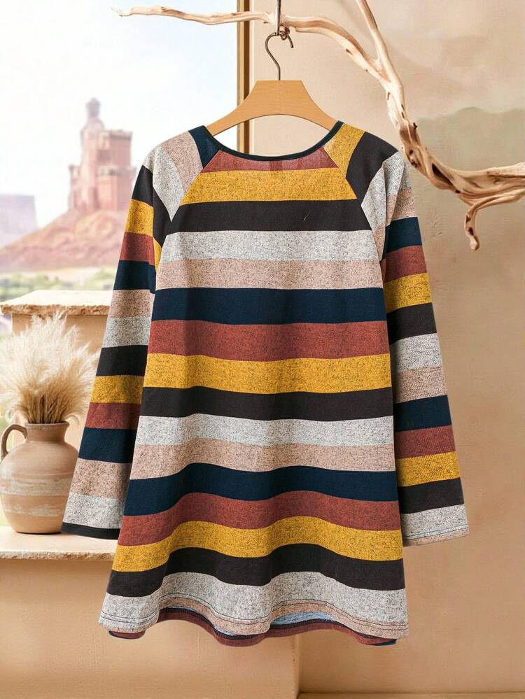 Camiseta Casual de Manga Longa com Gola Redonda e Manga Raglan para Mulheres Plus Size, Listrada, Outono/Inverno