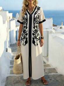 SHEIN Holidaya Women's New Casual Vacation Versatile Digital Print Dress, Bohemian Style Artistic Vacation Dress  Caftan Dress Kimono Dress Mediterranean Style Clothes Long Cover Ups For Swimwear Summer Kimono - Black and White - View 1