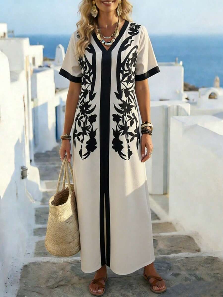 SHEIN Holidaya Women's New Casual Vacation Versatile Digital Print Dress, Bohemian Style Artistic Vacation Dress  Caftan Dress Kimono Dress Mediterranean Style Clothes Long Cover Ups For Swimwear Summer Kimono - Black and White - View 1