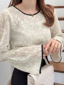 FRIFUL Women's Round Neck Lace Fabric Shirt With Contrast Color Trim On Collar And Cuffs, Bell Sleeve Design, Suitable For Spring To Summer - White - View 1