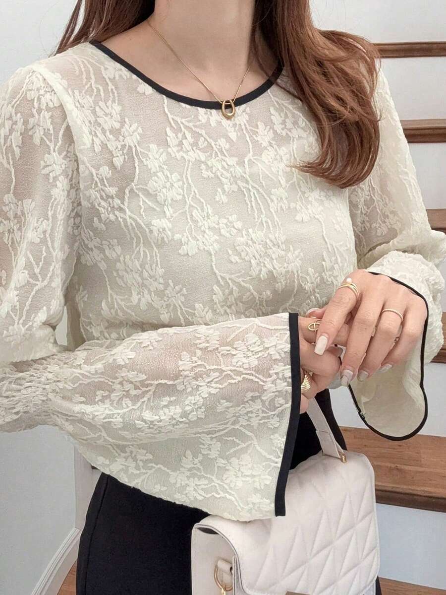 FRIFUL Women's Round Neck Lace Fabric Shirt With Contrast Color Trim On Collar And Cuffs, Bell Sleeve Design, Suitable For Spring To Summer - White - View 1
