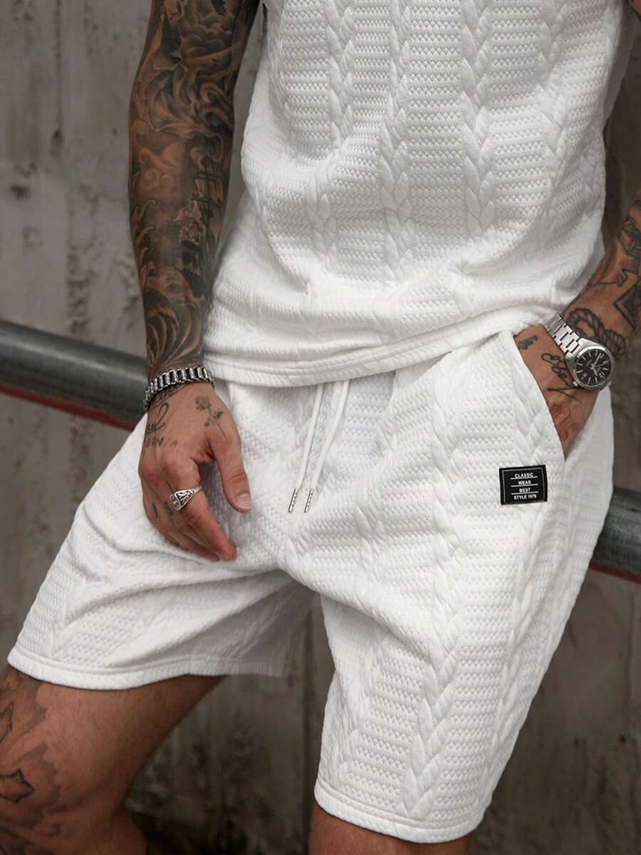 EGENSIO Men's Letter Graphic Drawstring Waist Pockets Knit Casual Shorts White Casual Shorts Spring To Summer - White - View 1