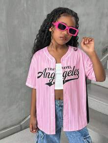Tween Girl Pink Striped Loose Casual Minimalist Comfortable Versatile Polo Collar Blouse Top - Pink - View 1