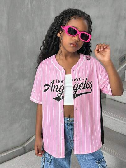 Tween Girl Pink Striped Loose Casual Minimalist Comfortable Versatile Polo Collar Blouse Top