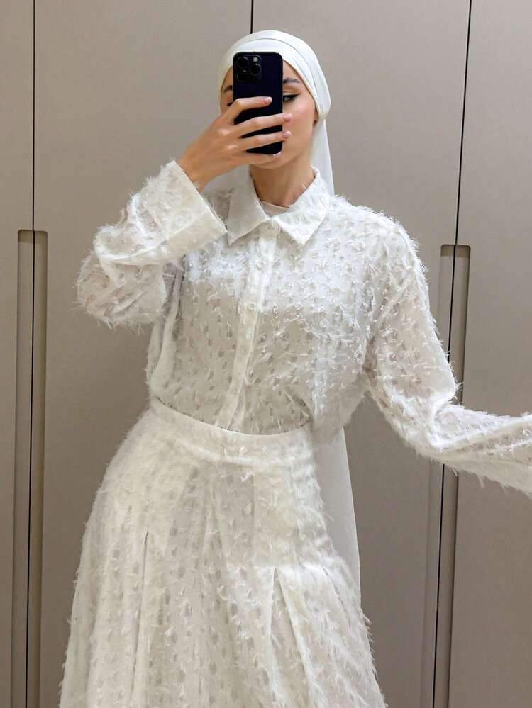 2pcs Women Casual Loose Collar White Feather Blouse And Skirt Set, Spring/Holiday