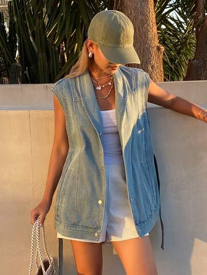 DAZY Women's Lapel Sleeveless Cinched Waist Waist Casual Denim Jacket And Coat