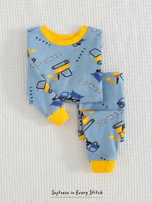 Cozy Pixies 2pcs Baby Boy Cartoon Car Print Soft Knit Crew Neck Long Sleeve Top And Elastic Waist Long Pants Snug Fit Pajama Set - Multicolor - View 1