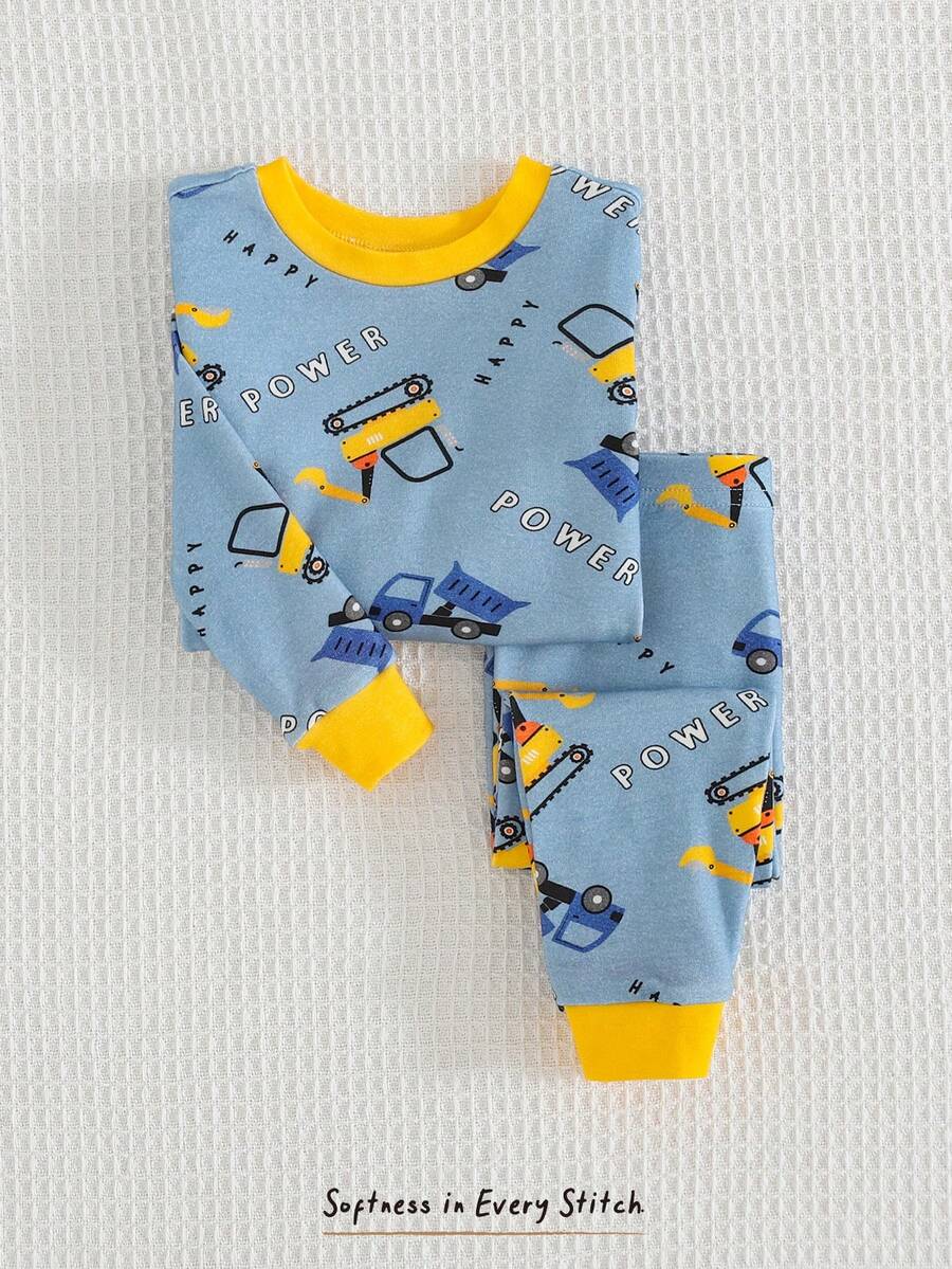 Cozy Pixies 2pcs Baby Boy Cartoon Car Print Soft Knit Crew Neck Long Sleeve Top And Elastic Waist Long Pants Snug Fit Pajama Set - Multicolor - View 1