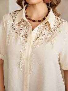 Roveilla Women's Sheer Linen French Elegant Commute Vacation Romantic Casual Afternoon Tea Dropped Shoulder Ruffle Collar Placket Long Loose Short Sleeve Blouse - Apricot - View 3