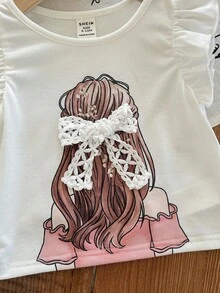 SHEIN Baby Girl Casual Versatile Graphic Cap Sleeve Top - White - View 5