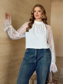 Roveilla 大码女式蕾丝袖双面半透明高领优雅衬衫，灯笼袖雪纺拼接上衣 - 白色 - 查看 5