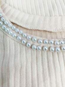 Franclia 优雅纯色珍珠纹理面料短袖T恤，简约时尚针织上衣 - 杏色 - 查看 3