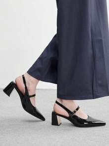 CUCCOO BIZCHIC 女鞋 女士尖头粗跟中跟黑色镜面露跟女式高跟鞋 时尚舒适通勤商务百搭女式露跟鞋 春季鞋 - 黑色漆皮 - 查看 5