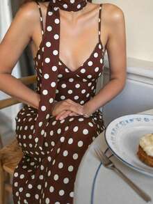 Pariaura 2026 New Arrival Women's Brown Polka Dot Long Dress, Sleeveless Cami Style With Scarf Collar, V Neck Zipper Closure, Casual Commute Minimalist Holiday Loose Midi Maxi Dresses For Ladies - Brown - View 3