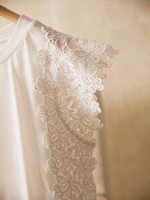 Elaquor Women Plus Size White Summer Elegant Party Lace Patchwork Ruffle Hem T-Shirt,Casual Round Neck Babydoll Tops,Solid Color Lace Blouses For Woman - White - View 3
