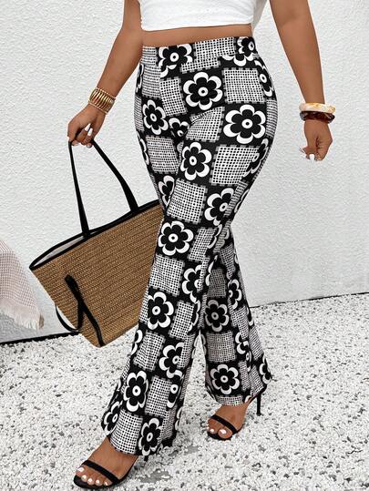SHEIN Frenchy Plus Size Casual Vacation Knit Printed Flare Leg Pants Pattern Pants Flower Pants Printed Pants Knit Pants Women's Pants