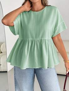 SHEIN Essnce 大码女装春夏时尚休闲宽松舒适日常百搭修身质感面料黄色短袖衬衫，简约风格，凸显曲线，可爱上衣，奶油黄，外出上衣，女士衬衫，欧洲夏季，荷叶边上衣，女士早午餐穿搭 - 薄荷綠 - 查看 5