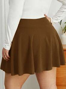 SHEIN Essnce 大码休闲纯色迷你短裙短裤，夏季 - 棕色 - 查看 2