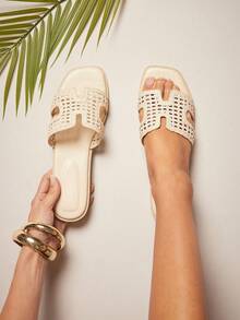 SHUZIA Dép lê mũi vuông dành cho nữ – Thiết kế lấy cảm hứng từ các nhà thiết kế nổi tiếng, sẵn sàng cho kỳ nghỉ. - Bạc - Xem 2