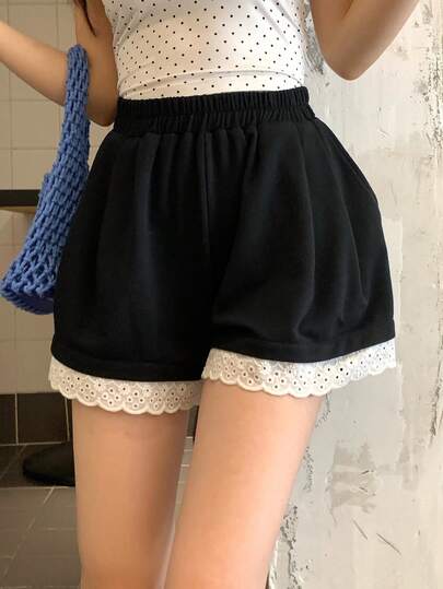 DAZY Women Loose Contrast Color Casual Shorts, Korean Style