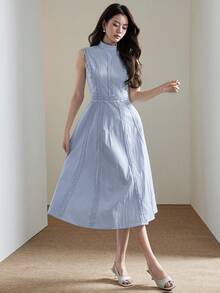 Heiryn Elegant Knitted Tie Collar Sleeveless Dress For Commuting - Baby Blue - View 4