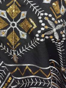 Al Najma Middle Eastern Arabic Style Light Blue Sequin Patchwork Jumpsuit Set With Jacket, Traditional Long Robe - Black - View 8