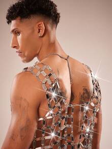 FeverCity 男士亮片镂空性感无袖背心 - 銀色 - 查看 8