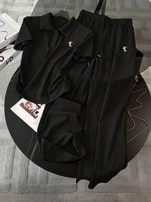 Resyla Embroidered Minimalist Women's Polo Collar T-Shirt + Pants 2-Piece Set, Gift For Friends - Black - View 4