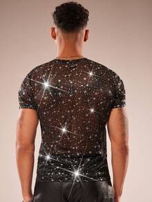 FeverCity Men's Mesh Sheer Glitter Round Neck Sexy T-Shirt - Black - View 2
