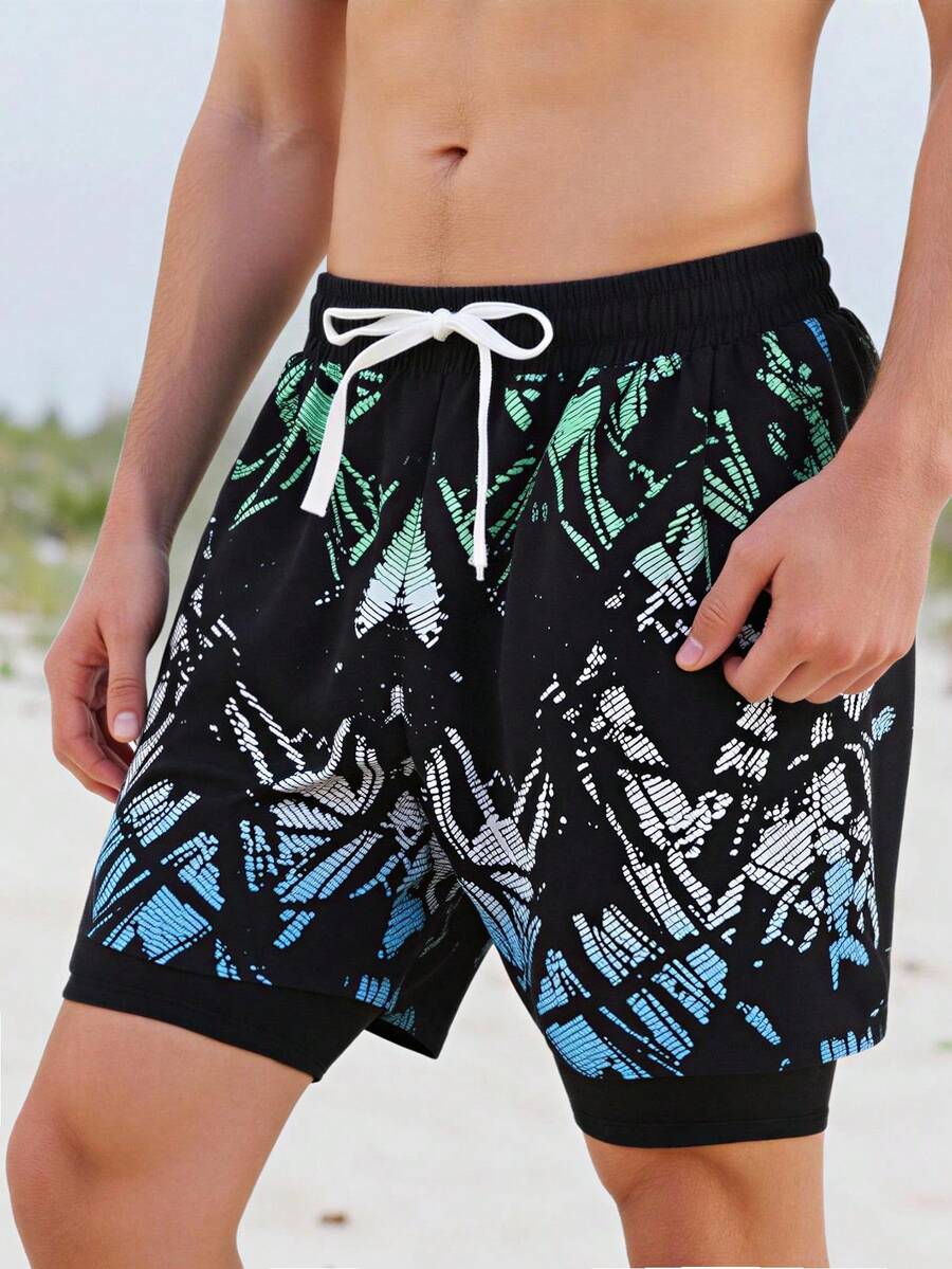 Tween Boy Geometric Print Double-Layer Beach Swim Trunks - Black - View 1
