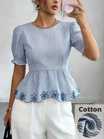 Rafferiza Women's Summer Casual Vacation Floral Embroidery Striped Print Ruffle Sleeve Peplum Top