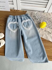 DAZY Young Girls Lace Heart Pattern Denim Jeans - Light Wash - View 1