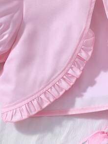 Tween Girls Floral Print Ruffle Strap Dress And Solid Collar Open Front Puff Sleeve Top Fashion Party Holiday Outfit Set - Pink - View 5